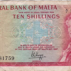 P28a Malta Ten Shillings Banknote. This ten shillings banknote was issued in 1968, with Prefix / Serial Number A over 2 181759.