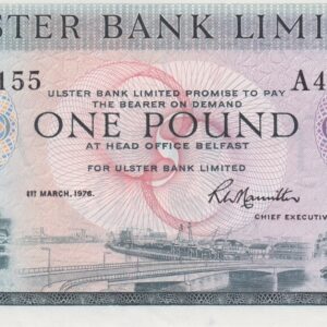 P325b Ulster Bank Limited One Pound Banknote. This one pound banknote is dated the 1st March 1976, with Prefix / Serial Number A4176155.
