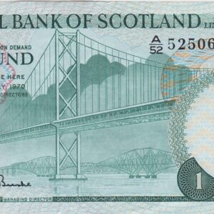 P334a Royal Bank Of Scotland One Pound Banknote. This one pound banknote is dated 15th July 1970, with Prefix / Serial Number A over 52 525067.
