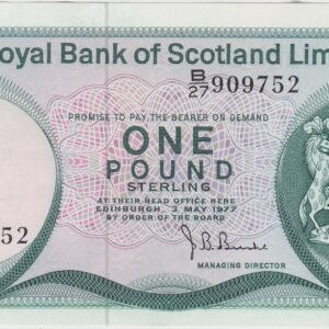 P336a Royal Bank Of Scotland One Pound Banknote. This one pound banknote is dated 3rd March 1977, with Prefix / Serial Number B over 27 909752.