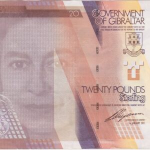 P37 Gibraltar Twenty Pounds Banknote. This twenty pounds banknote was issued on the 1st January 2011, with Prefix / Serial Number A over AD 080682.