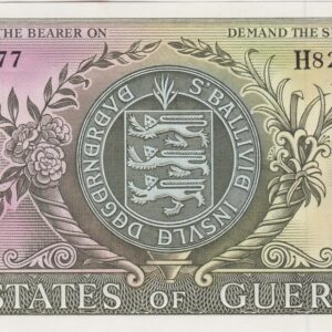 P45c Guernsey One Pound Banknote. This one pound banknote has no date but was issued between 1965 and 1975, with Prefix / Serial Number H821877.