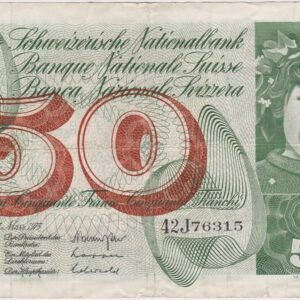 P48m Switzerland Fifty Francs Banknote. This fifty francs banknote was issued on the 7th March 1973, with Prefix / Serial Number 42J76315.
