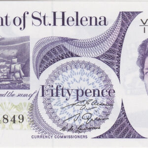 P5a Saint Helena Fifty Pence Banknote. This fifty pence banknote was issued in 1979. The note has the prefix / serial number V over 1 144849.