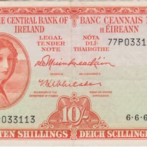 P63a Central Bank Of Ireland Ten Shillings Banknote. This ten shillings banknote is dated the 9th June 1968, with Prefix / Serial Number 77P 033113.