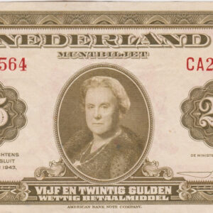 P67a Netherlands Twenty Five Gulden Banknote. This twenty five gulden banknote was issued on the 4th February 1943, with Prefix / Serial Number CA213564.