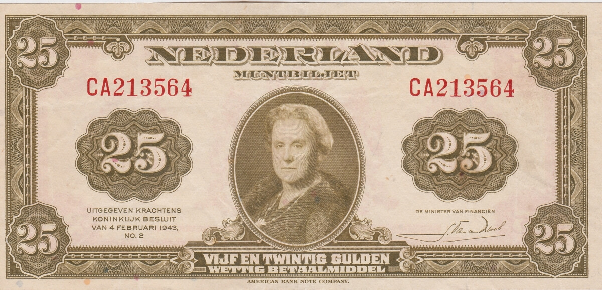 P67a Netherlands Twenty Five Gulden Banknote. This twenty five gulden banknote was issued on the 4th February 1943, with Prefix / Serial Number CA213564.