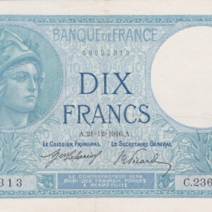 P73a France Ten Francs Banknote. This ten francs banknote was issued on the 21st December 1916, with Prefix / Serial Number 59002313.