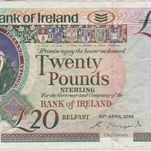 P85a Bank Of Ireland Twenty Pounds Banknote. This twenty pounds banknote was issued on the 20th April 2008, with Prefix / Serial Number CD032258.