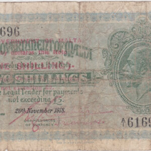 P15 Malta One Shilling On Two Shillings Banknote. The Prefix / Serial Number on this one shilling banknote is A over 1 61696.