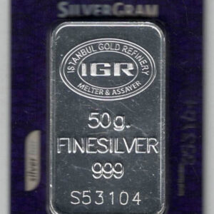 Sealed IGR Silver Fifty Gram Bar. All of our silver bars have been pre-owned and in stock for dispatch for delivery. You are buying one bar.