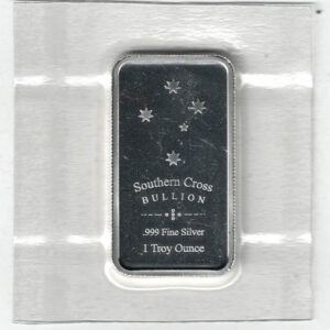 Southern Cross Bullion One Ounce Silver Bar. All of our silver bars have been pre-owned and are in stock. This bar contains one ounce of 999 fine Silver