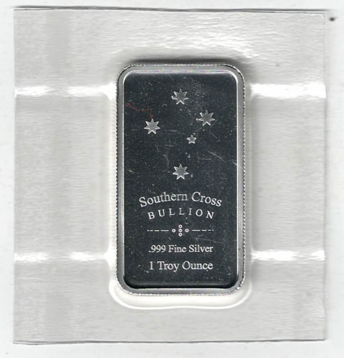 Southern Cross Bullion One Ounce Silver Bar. All of our silver bars have been pre-owned and are in stock. This bar contains one ounce of 999 fine Silver