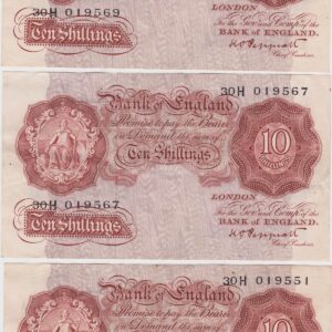 Three B262 Peppiatt Ten Shillings Banknotes. These are the 1948 issues, with Britannia at the left on the obverse. Each note has the 30H prefix.