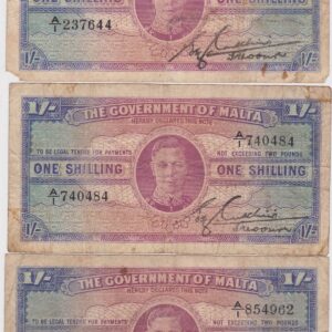 Three P16 Malta One Shilling Banknotes. This Malta banknote features King George VI in centre on the obverse. The reverse is blank. 