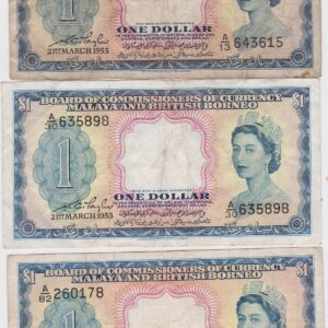 Three P1a Malaya And British Borneo One Dollar Banknotes. These one dollar banknotes are dated the 21st March 1953 and have all been used.