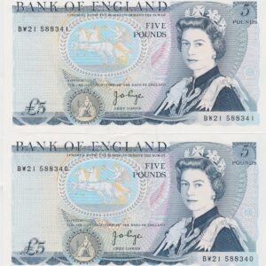 Two Consecutive B336 Page Five Pounds Banknotes. The obverse features Elizabeth II. The reverse features Arthur Wellesley.
