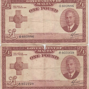 Two P22a Malta One Pound Banknotes. These one pound banknotes were issued in 1951, with Prefix / Serial Number A over 11 957279 & A over 14 603886.