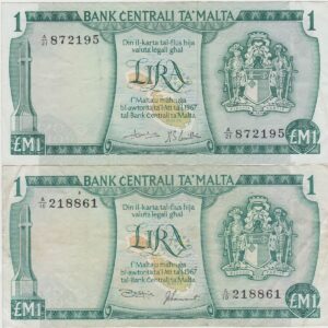 Two P31 Malta One Lira Banknotes. These one lira banknotes were issued in 1967, with Prefix / Serial Number A over 10 218861 & A over 21 872195.