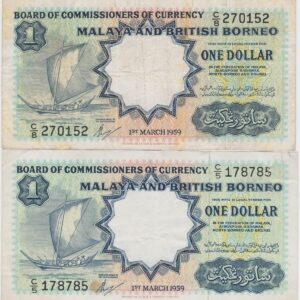 Two P8a Malaya And British Borneo One Dollar Banknotes. These one dollar banknotes are dated the 1st March 1959. These are used banknotes.