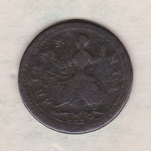 1719 copper farthing coin featuring the portrait of King George I on the Obverse. Britannia seated facing left on the Reverse.