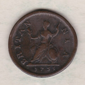 1735 copper farthing coin featuring the portrait of King George II on the Obverse. Britannia seated facing left on the Reverse.