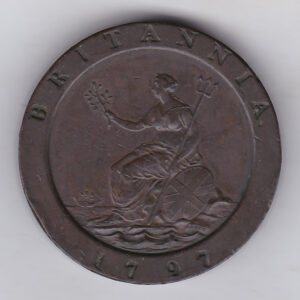 1797 Copper Cartwheel Twopence coin featuring King George III on the obverse. A seated Britannia holding a trident on the reverse.