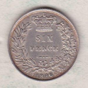 1846 silver sixpence coin featuring young head Queen Victoria on the Obverse. The crowned denomination within a wreath and date below on the Reverse.