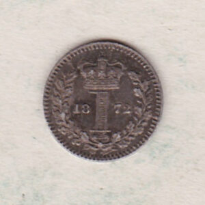 1872 Silver Maundy Penny coin featuring Queen Victoria on the obverse. A central crowned denomination above the date on the reverse.