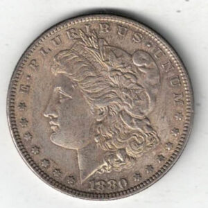 1880 Silver USA Morgan Dollar coin featuring lady liberty on the obverse. The eagle holding arrows and an olive branch on the reverse.