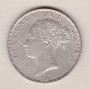 1885 Silver Halfcrown coin with young head Queen Victoria on the Obverse. Crowned square shield with laurel branches on the Reverse.
