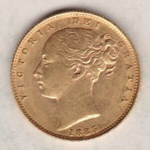1885 S Gold Sovereign Coin. The coin features a young head queen Victoria on the Obverse and the collectable shield design on the Reverse.