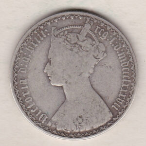 1887 Silver Gothic Florin Coin. The Obverse features a crowned bust of Queen Victoria. The Reverse features a shield with denomination.