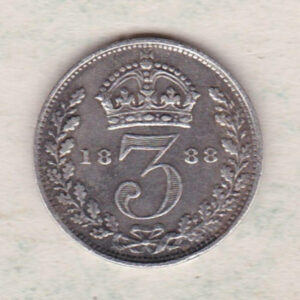1888 Silver Threepence coin featuring the portrait of Queen Victoria on the Obverse. The Reverse features a crowned denomination dividing the date.