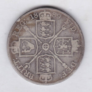 1889 inverted 1 silver double florin coin featuring the Queen Victoria Jubilee Head obverse. The Garter star and four sceptres in the angles on the Reverse.