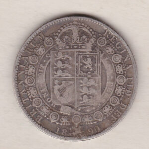 1890 Silver Halfcrown coin featuring the Jubilee head of Queen Victoria on the Obverse. The shield of royal arms completes the Reverse design.