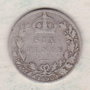 1890 Silver Sixpence coin featuring Queen Victoria on the Obverse. The Reverse features a crowned denomination within wreath.