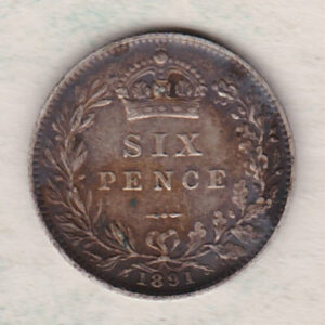1891 Silver Sixpence coin featuring Queen Victoria on the Obverse. The Reverse features a crowned denomination within wreath.