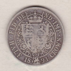1894 Silver Halfcrown coin featuring the old head of Queen Victoria on the Obverse. The shield of royal arms completes the Reverse design.