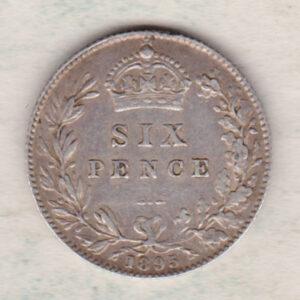 1895 Silver Sixpence coin featuring Queen Victoria on the Obverse. The Reverse features a crowned denomination within wreath.