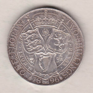 1896 Silver Florin coin. The portrait of Queen Victoria on the Obverse. With a crown above shields of England, Scotland and Ireland on the reverse.