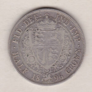 1896 Silver Halfcrown coin featuring the old head of Queen Victoria on the Obverse. The shield of royal arms completes the Reverse design.