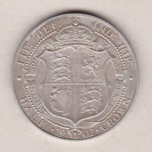 1902 Silver Matt Proof Halfcrown coin featuring king Edward VII on the Obverse. The Reverse features a crowned quartered shield of arms.