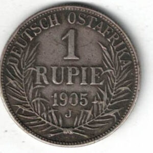 1905 J German East Africa Silver One Rupee Coin. The obverse features the bust of Wilhelm II facing left. All coins are in stock.