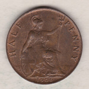 1906 Bronze Halfpenny coin featuring the portrait of King Edward VII on the obverse. The reverse side of the coin depicts Britannia seated to the right.