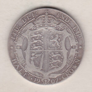 1907 Silver Halfcrown coin featuring king Edward VII on the Obverse. The Reverse features a crowned quartered shield of arms.