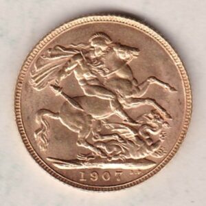 1907 Gold Sovereign Coin. The coin features King Edward VII on the Obverse. St George and the dragon on the reverse. London Mint.