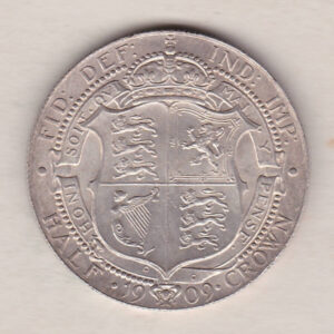 1909 Silver Halfcrown coin featuring king Edward VII on the Obverse. The Reverse features a crowned quartered shield of arms.