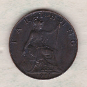 1911 bronze farthing coin featuring King George V on the obverse. The reverse features Britannia with the denomination above and date below.