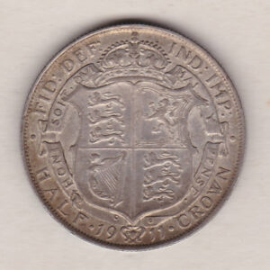 1911 Silver Halfcrown coin featuring king George V on the Obverse. The Reverse features a crowned quartered shield of arms.